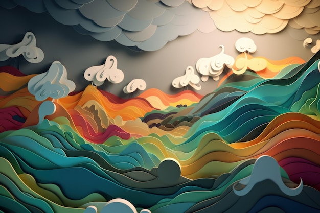 Paper art of a mountain landscape with a mountain in the background.