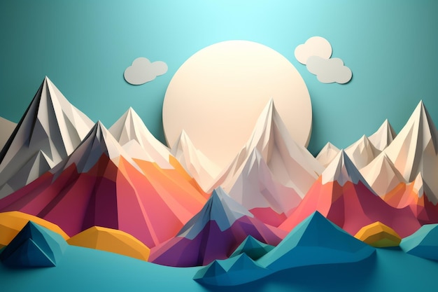 Paper art of mountains and clouds with a blue sky in the background.