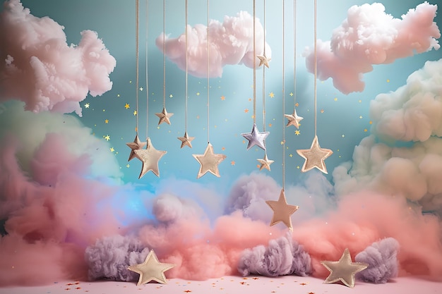 Paper art rainbow with clouds and stars isolated on a pink background