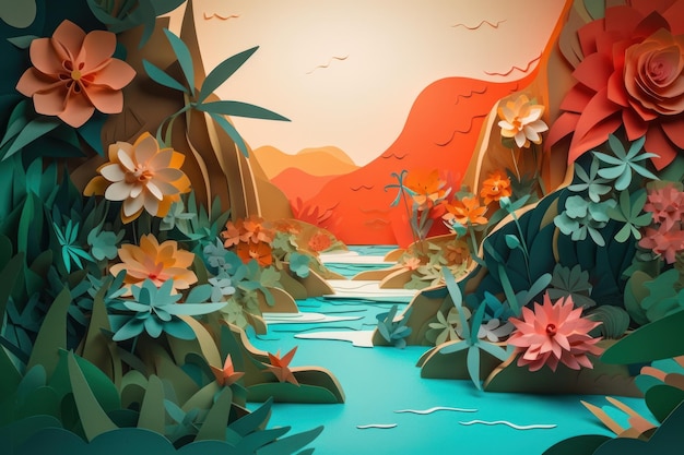 Paper art of a river with flowers and mountains in the background.