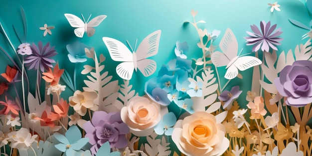 Paper art scene of a magical garden with butterflies and flowers in soft hues Generative AI