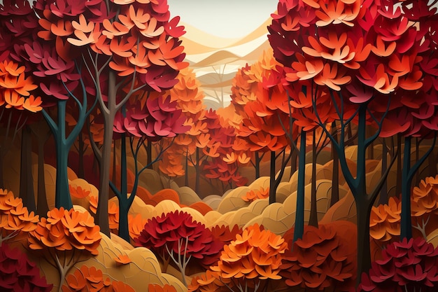 A paper art style illustration of a forest in autumn