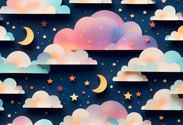 Photo a paper art style illustration of a night sky with stars a moon and clouds