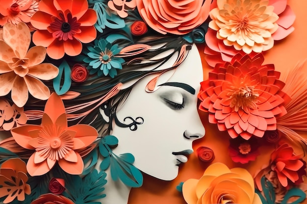 Paper art style Women's day specials offer sale wording isolate Happy women's day 8 march with women of different frame of flower Generate Ai