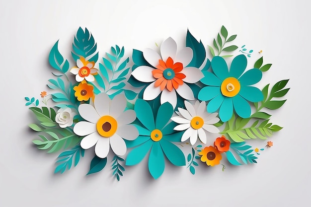 Photo paper art summer flowers on a white background with leaves cut of paper