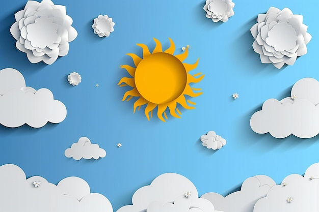 Paper art of sun and clouds on blue background