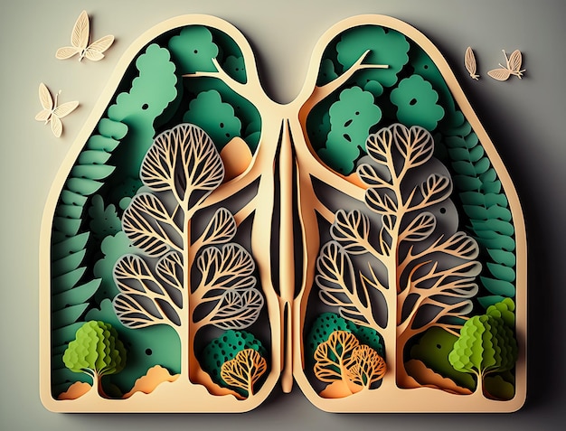 Paper art of tree branches shaped like human lungs forest protection ecology illustration