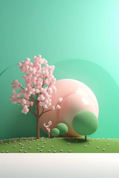 A paper art of a tree with pink flowers and a green field.