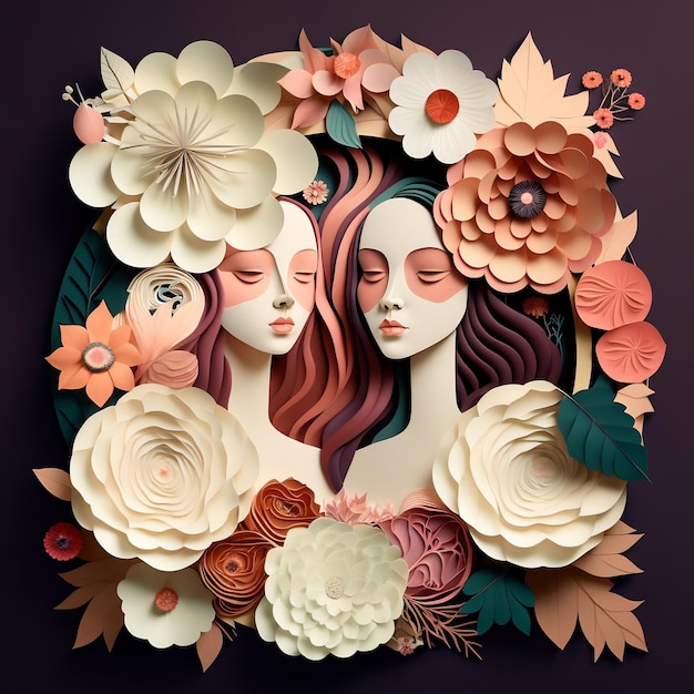 Paper art women of different frame of flower generative AI