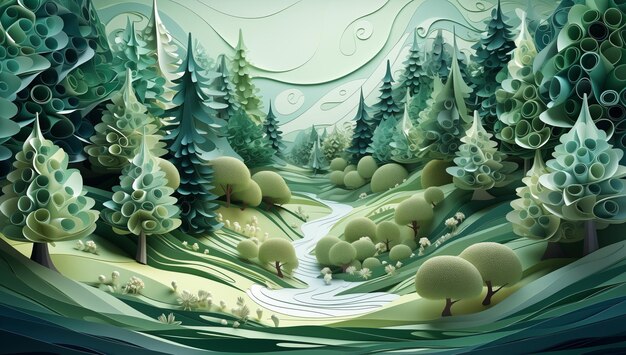 Paper Art Woods Landscape Crafted with Precision a Minimalistic and Intricate Composition of Nature