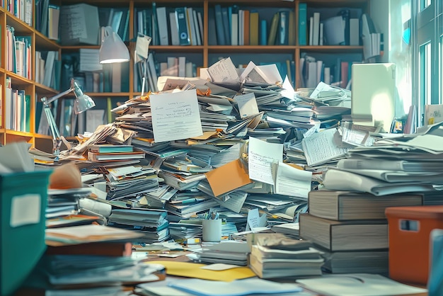 The Paper Avalanche A Messy Office Drowned in Documents Reflecting the Stress of Modern Work