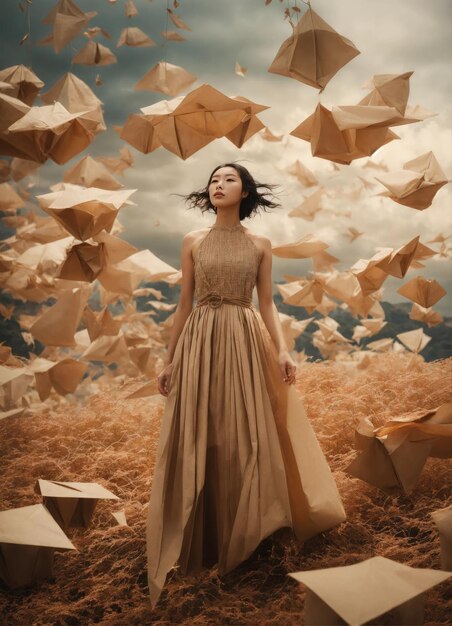 Paper bag clouds and brown origami birds Generative Ai 1