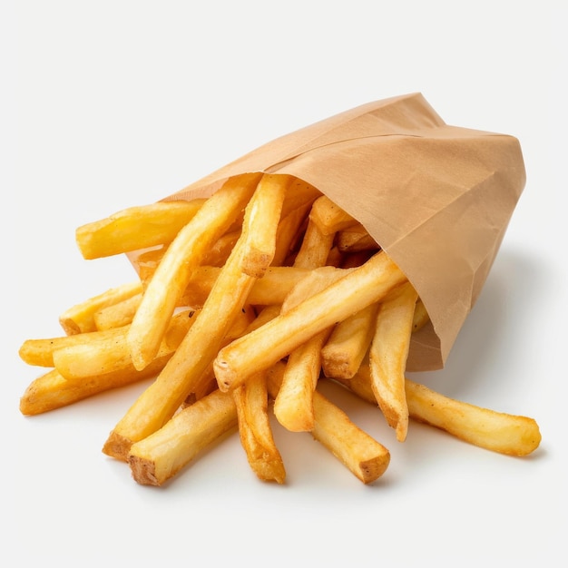 A paper bag filled with crispy french fries against a clean white background