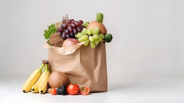 A paper bag of fruits and vegetables with a white background.