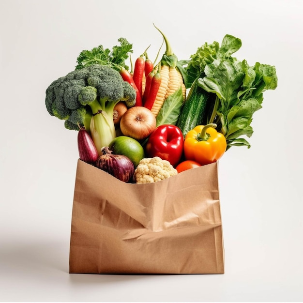 Paper bag full of fresh organic vegetables on white background Healthy food concept