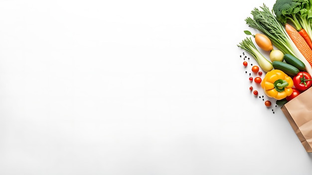 Photo a paper bag full of fruits vegetables and nuts on a white background with space for a text banner the top view flat lay shows healthy eating or shopping in a grocery store