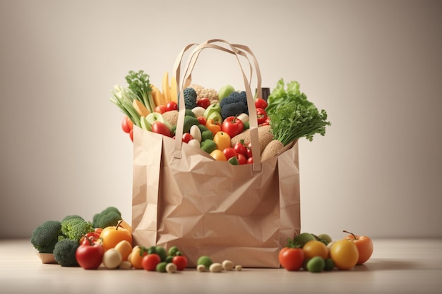 Paper bag full of healthy food white flat background ai generative