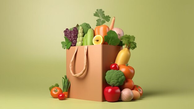 Paper bag full of healthy food with fruits