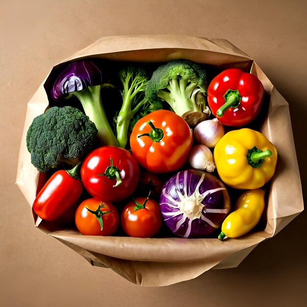 Photo paper bag full of vegetables including broccoli bell peppers and peppers