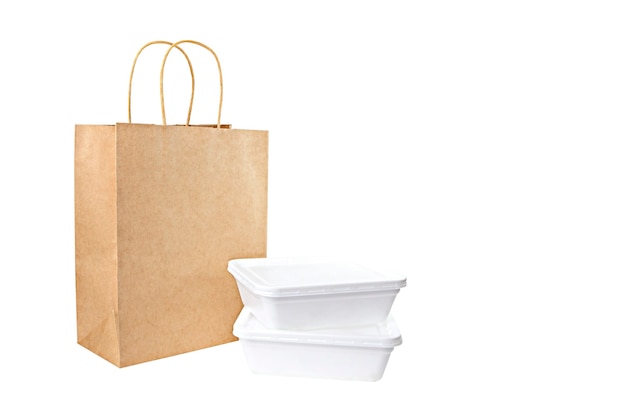 Paper bag and plates for food delivery isolated