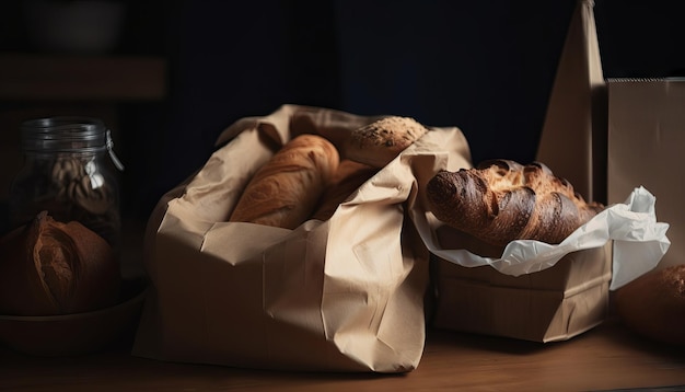 Paper bag with bread and basket of pastry Generative ai