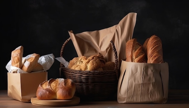 Paper bag with bread and basket of pastry Generative ai