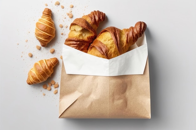 Paper bag with croissants on white background Space for design AI generated