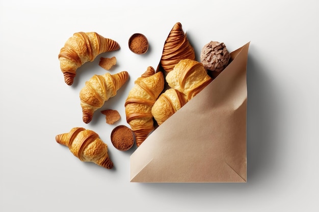 Paper bag with croissants on white background Space for design AI generated