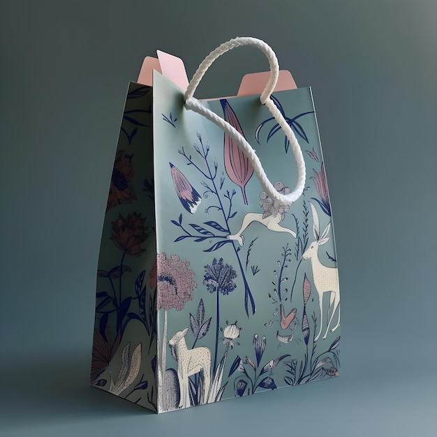 A paper bag with a floral design and a deer on it.