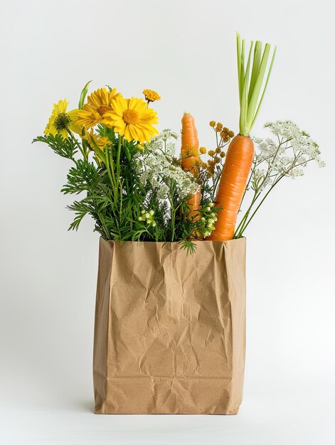 A paper bag with flowers corn and carrots inside on a white background in a minimalistic style