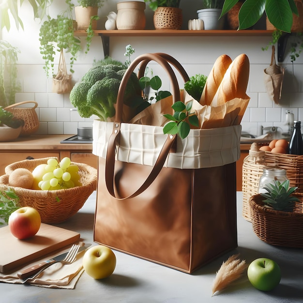 Paper bag with food on beige background Zero waste concept