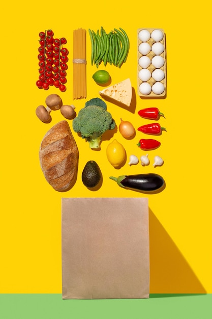 Paper bag with groceries on a bright yellow backgroundxAxA