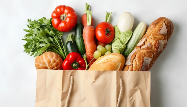 Paper bag with vegetables fruits and bread on white background