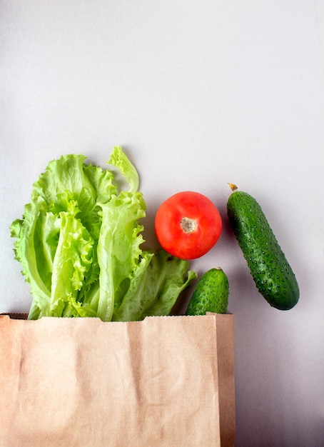 Paper bag with vegetables lettuce tomato cucumbers copy space