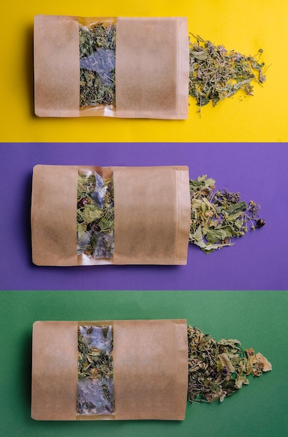 Paper bags with scattered different dried tea