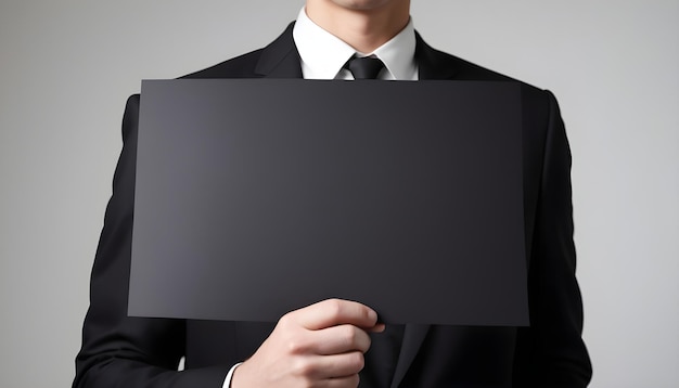 paper blank in the hand of a male employee wearing a black suit on white background