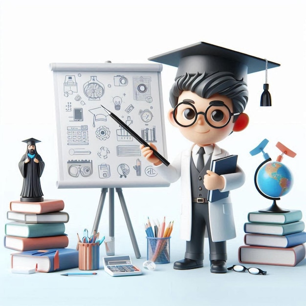 a paper board with a cartoon character holding a pencil and a pencil