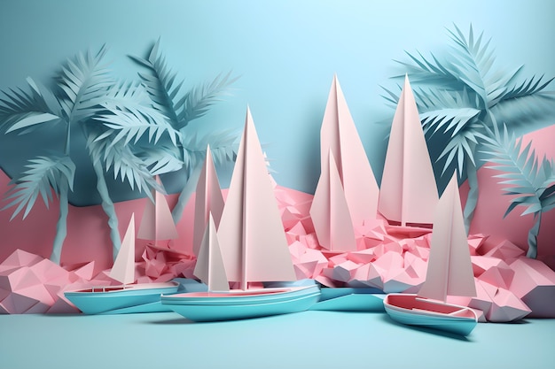 A paper boat on the beach with a palm tree in the background.