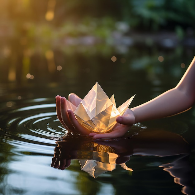 Paper boat in a child's hand against the background of the surface of a pond or lake