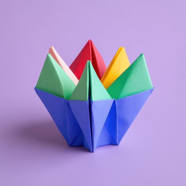 Photo a paper boat made by a paper boat with a colorful sail on it