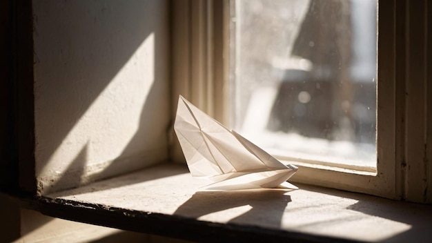 Paper boat on a sunny windowsill