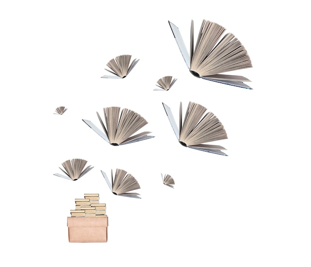 Paper books flying and spreading from box reading concept surreal composition