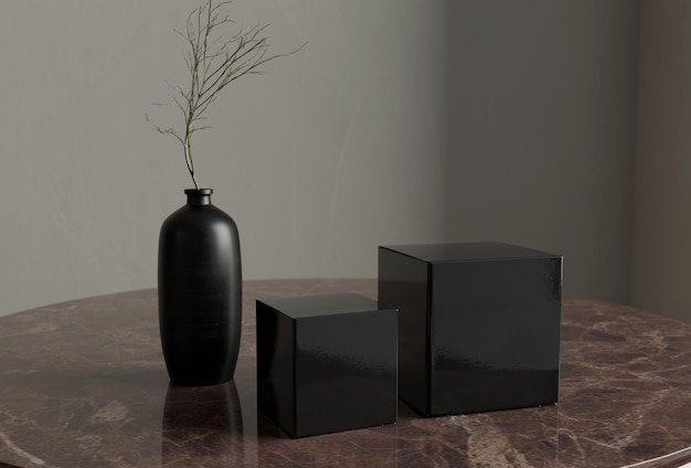 Paper box 3d mockup on table in grey interior background Shape render background Grunge gray background