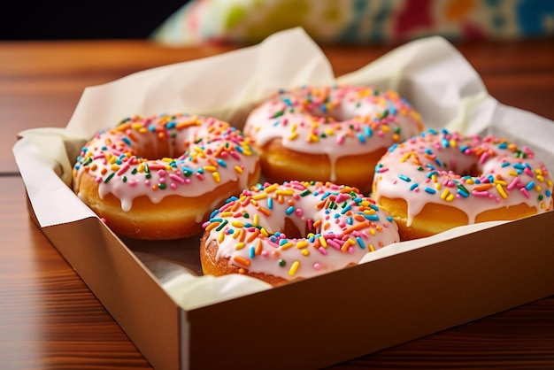 A paper box with donuts