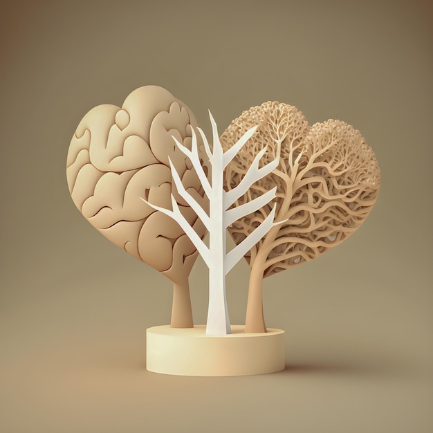 Paper brain and heart tree minimalism illustration