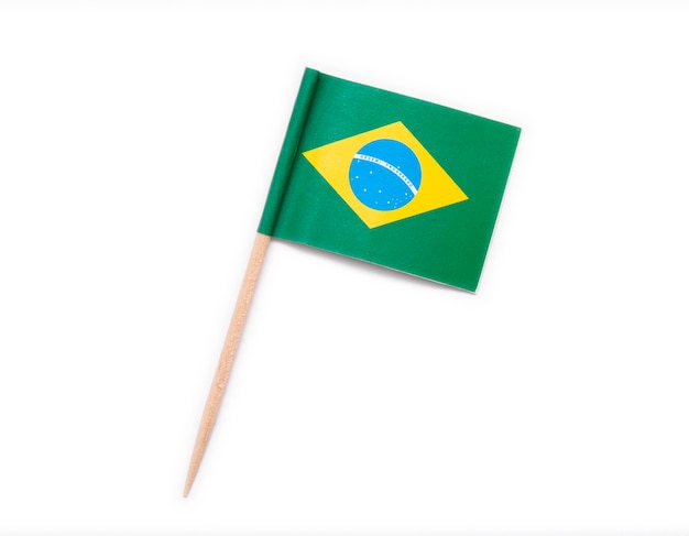 Paper brazil flag on wooden toothpick isolated on white background