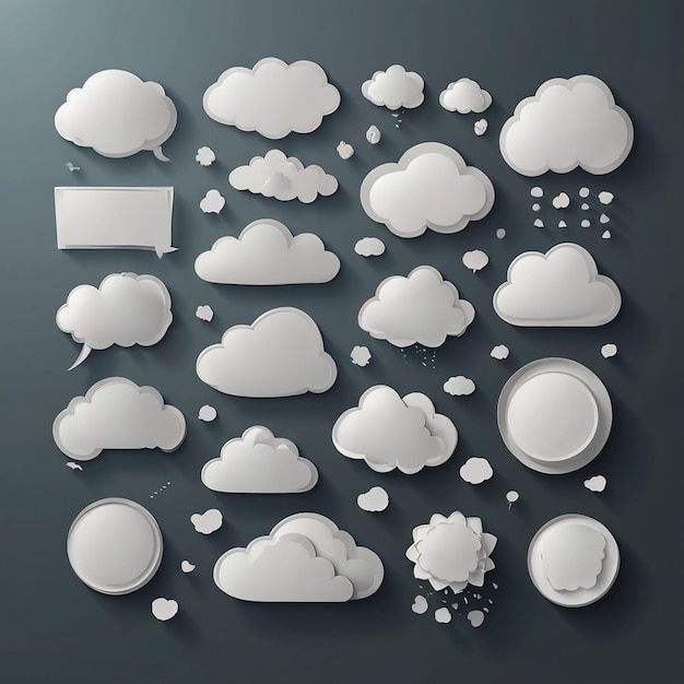 Photo paper bubble cloud set 3d thought thinking text speech clouds web dialog balloons shadow on transparent background