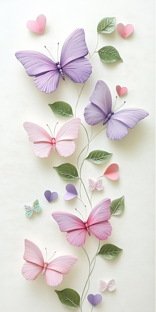 Photo paper butterflies and hearts on a white background