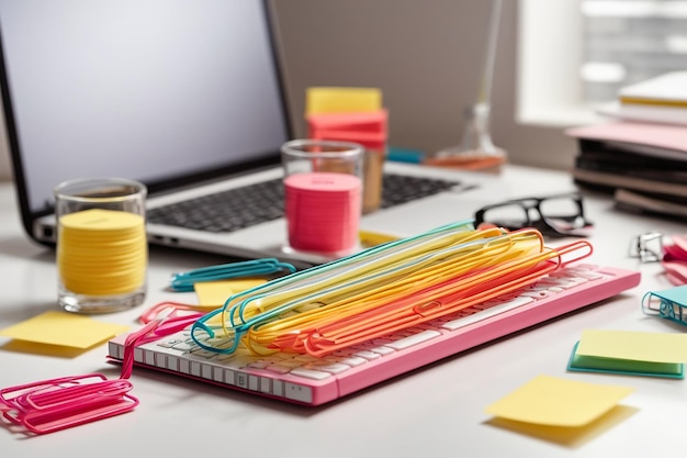 Paper clips keyboard laptop spiral notepad and sticky notes on white desk with space for writing text