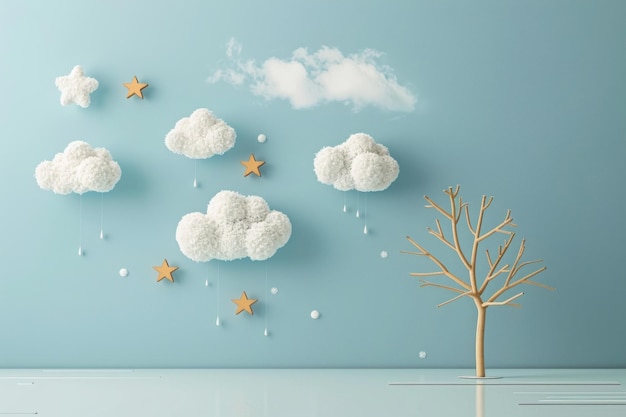 Photo paper clouds and stars on a blue background concept dream whimsical digital art